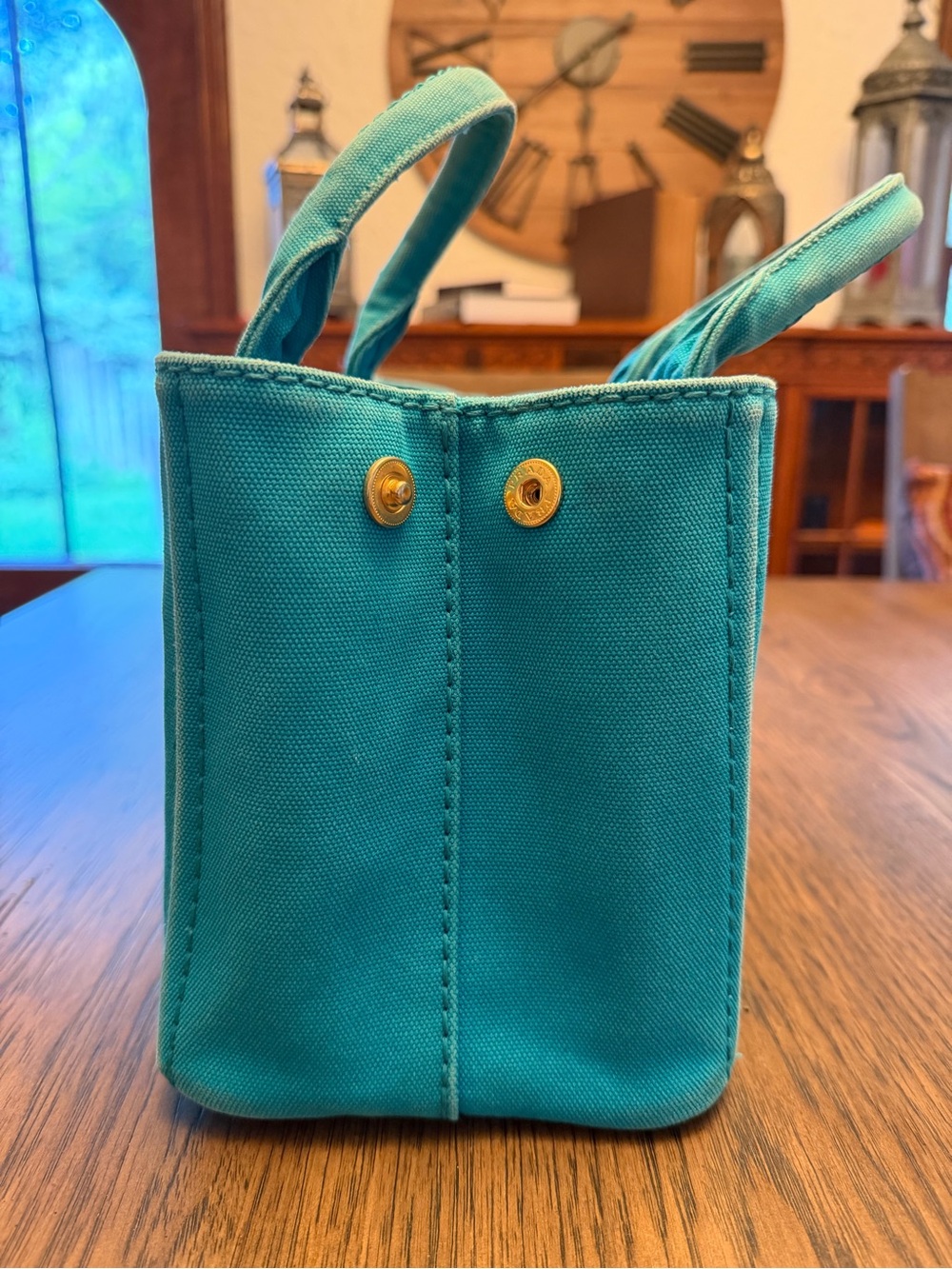 PRADA Canapa Mini Canvas Logo Tote Bag Light Blue/Turquoise - Picture 4 of 13